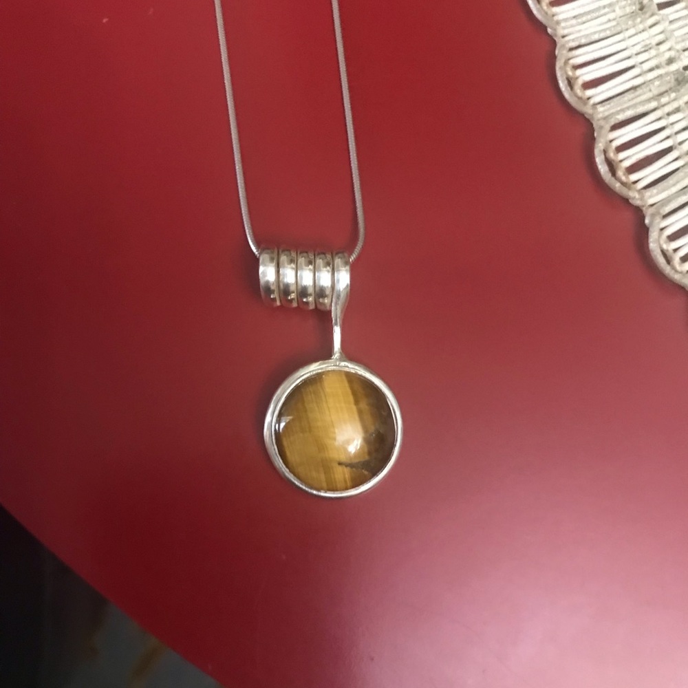Silver 925 Round Brown Tiger Eye Pendant w/Chain! - Picture 2 of 6